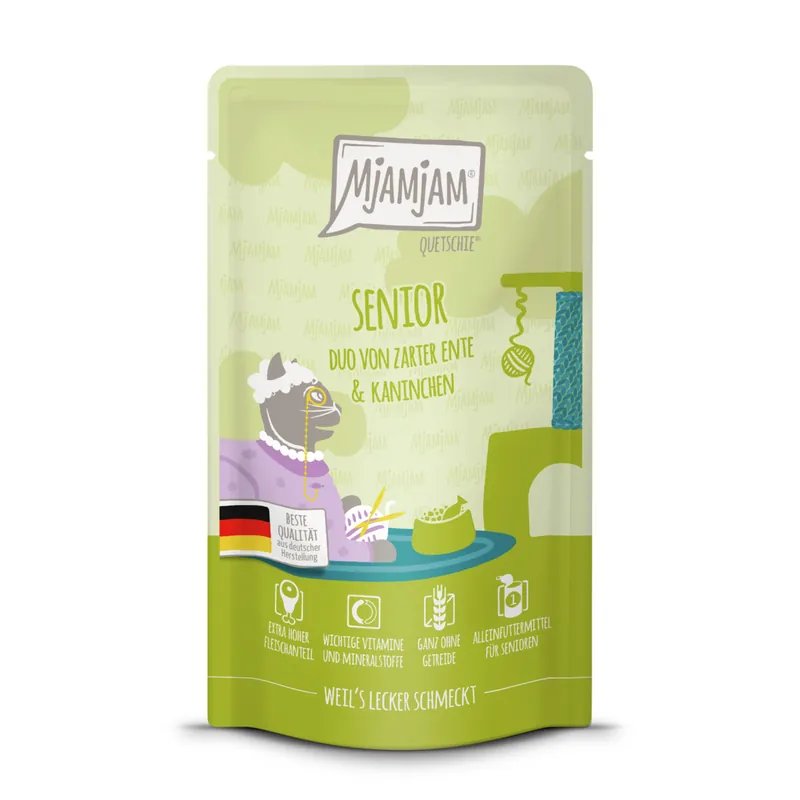 MJAMJAM Katze Pouchbeutel DUO Senior Ente und Kaninchen 125 g Ausverkauf